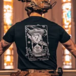 the trace apparel collection featuring skeletons praying to an hourglass showing atomic weapons dropping