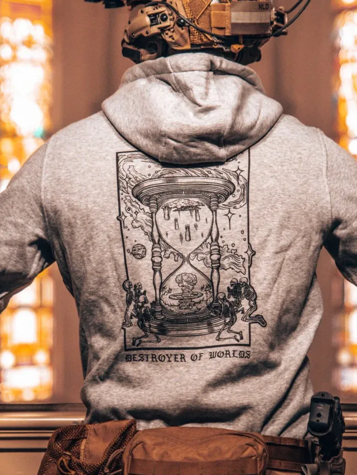the trace apparel collection featuring skeletons praying to an hourglass showing atomic weapons dropping