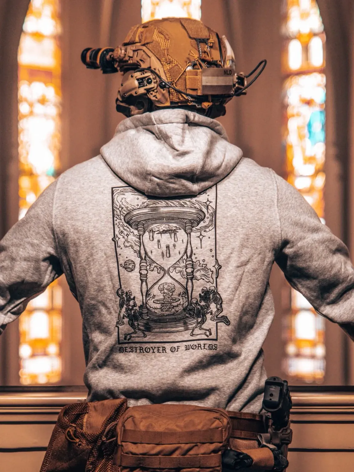 destroyer-of-worlds-heather-grey-hoodie_1 the trace apparel collection featuring skeletons praying to an hourglass showing atomic weapons dropping