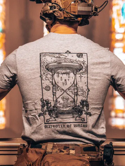 the trace apparel collection featuring skeletons praying to an hourglass showing atomic weapons dropping