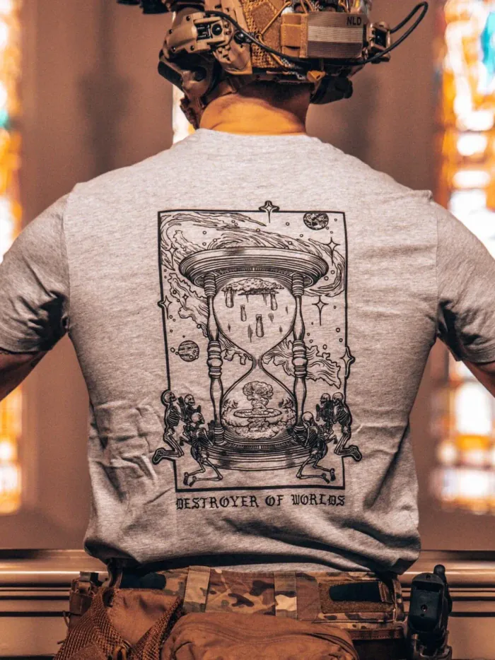 the trace apparel collection featuring skeletons praying to an hourglass showing atomic weapons dropping