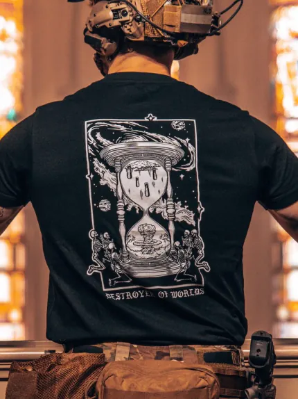 the trace apparel collection featuring skeletons praying to an hourglass showing atomic weapons dropping