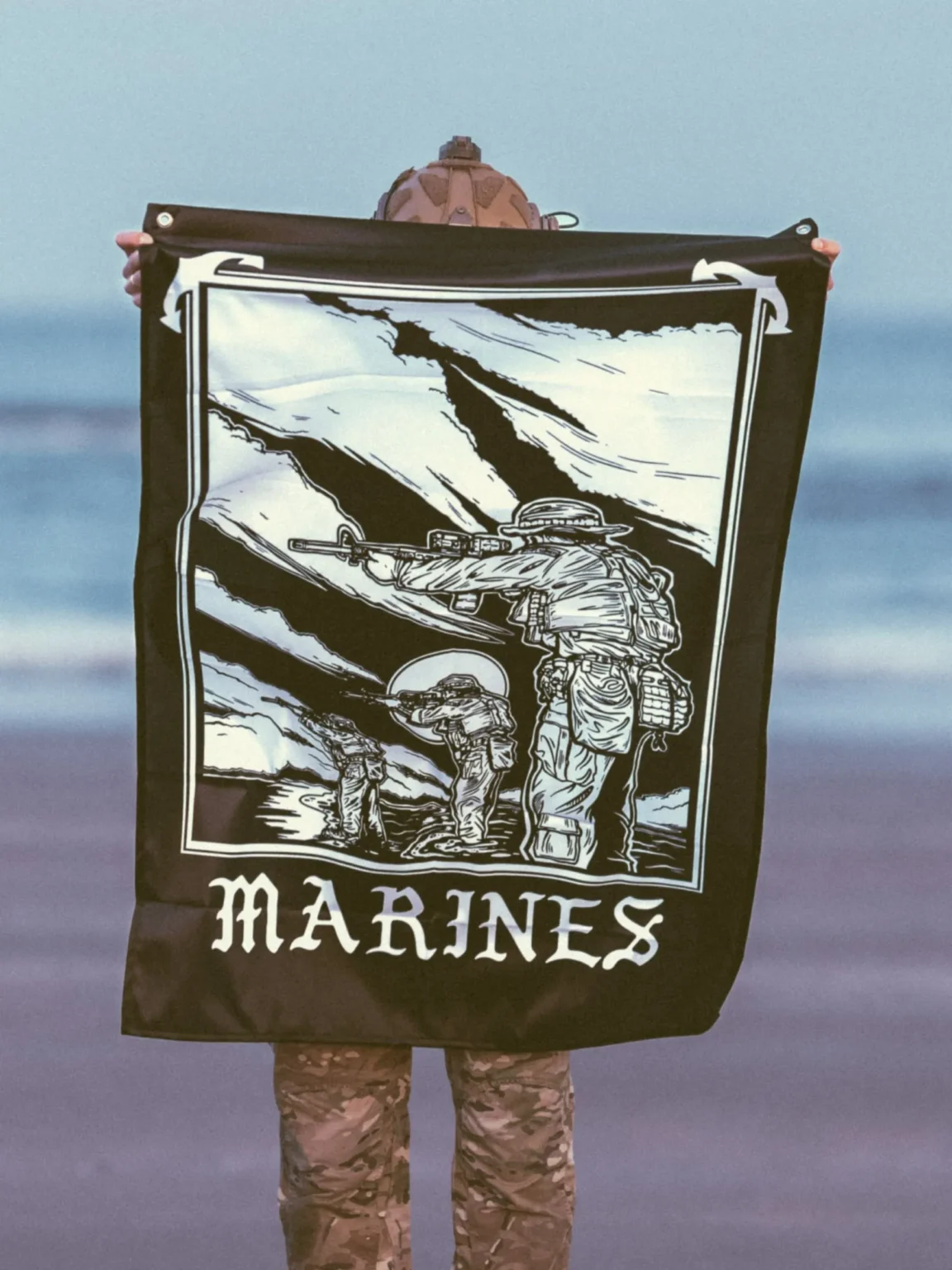 marines-flag-black-white the trace apparel collection featuring marines standing partly in the water