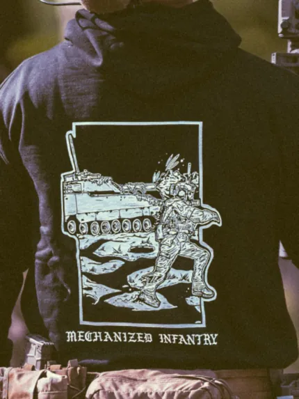 the trace apparel collection featuring guys fighting alongside a military cv90 vehicle
