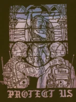 the trace apparel collection featuring a military and a police guy standing in front of a tinted window that displays saint michael the protector
