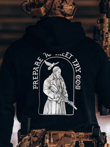 the trace apparel collection featuring the pope with a weapon saying prepare to meet thy god