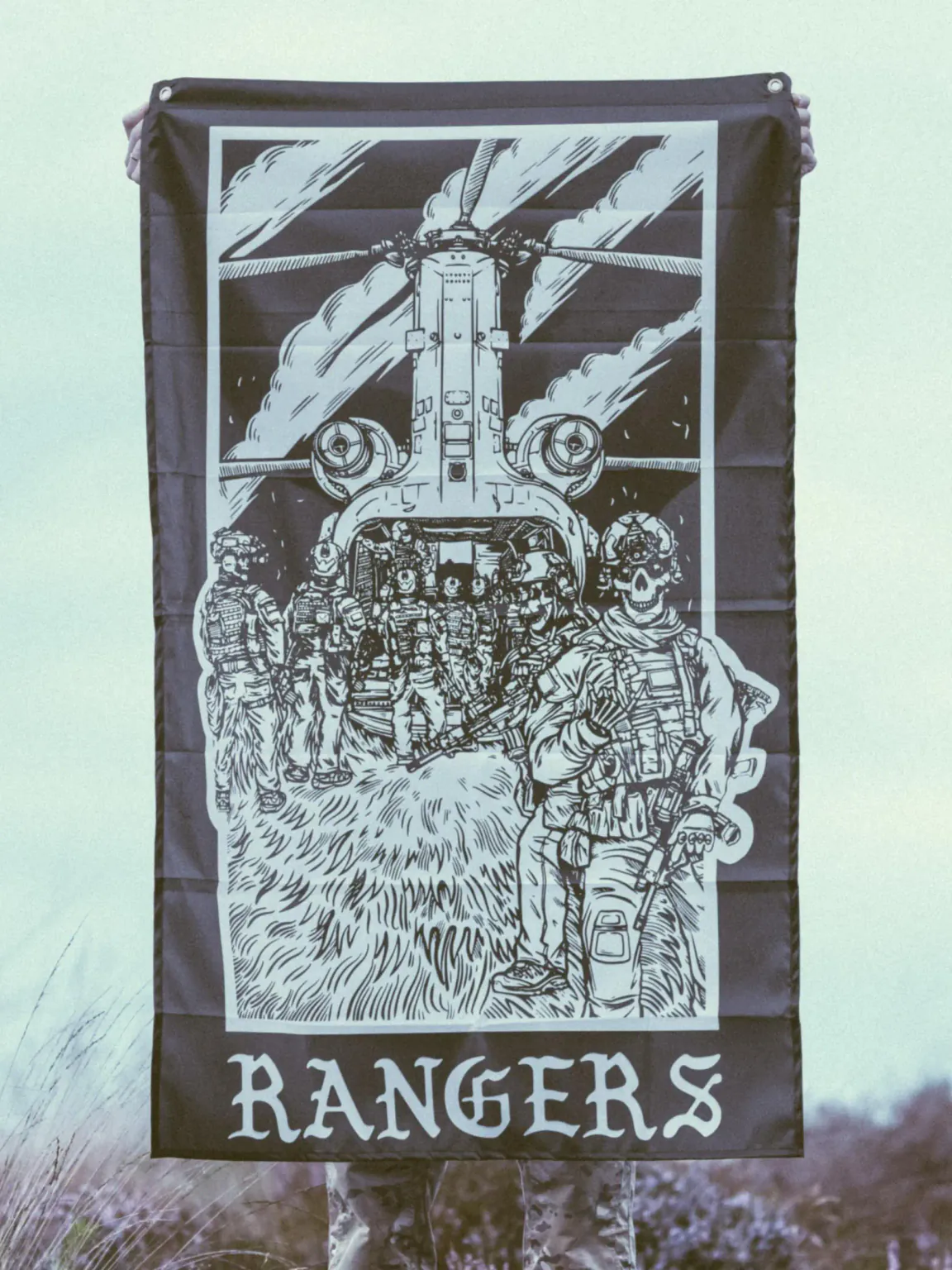 rangers-flag the trace apparel collection featuring rangers boarding a chinook