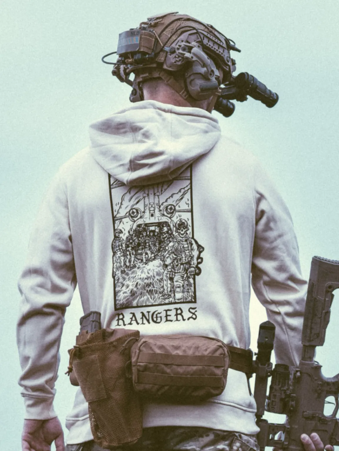 rangers-hoodie-sand the trace apparel collection featuring rangers boarding a chinook