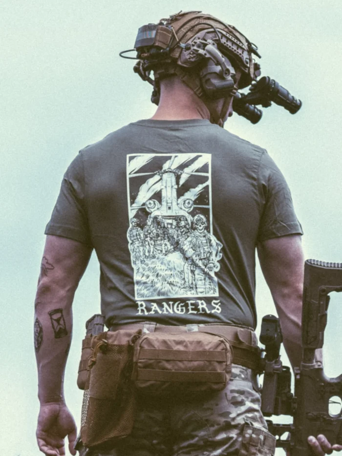 the trace apparel collection featuring rangers boarding a chinook
