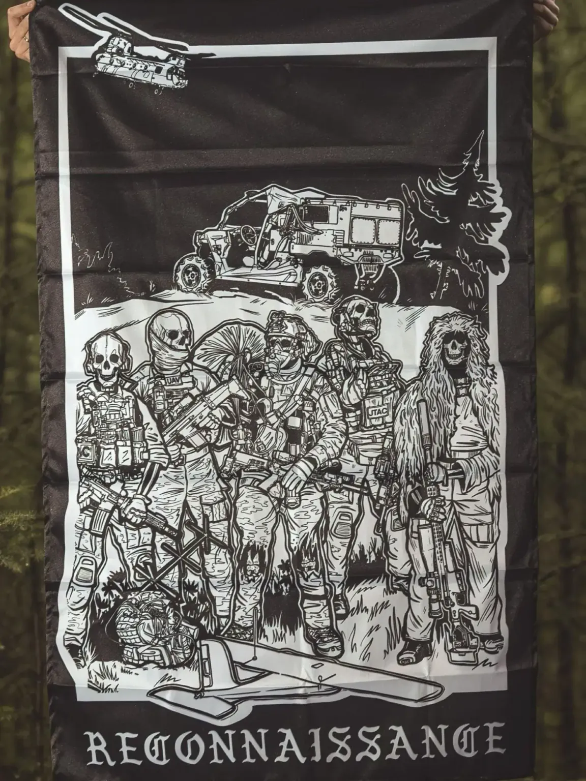the trace apparel collection featuring a military reconnaissance group standing next to their equipment