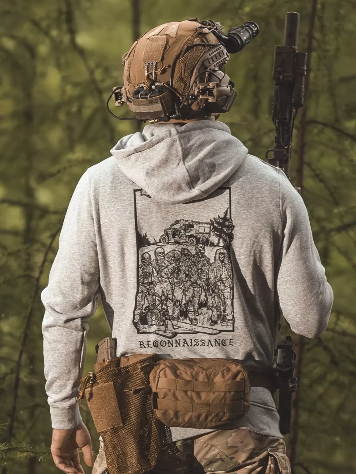 reconnaissance-hoodie-heather-grey the trace apparel collection featuring a military reconnaissance group standing next to their equipment