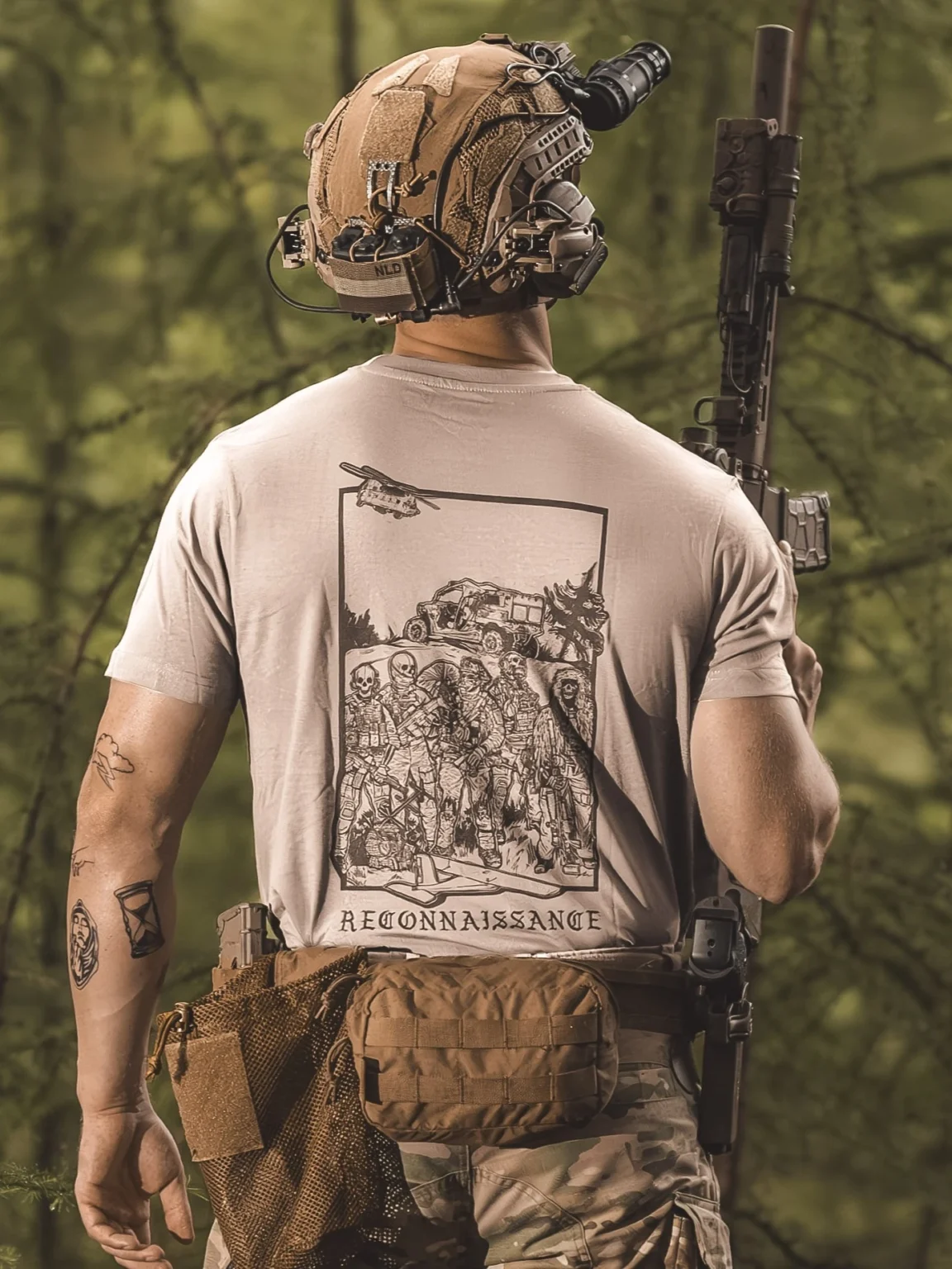 reconnaissance-shirt-sand the trace apparel collection featuring a military reconnaissance group standing next to their equipment