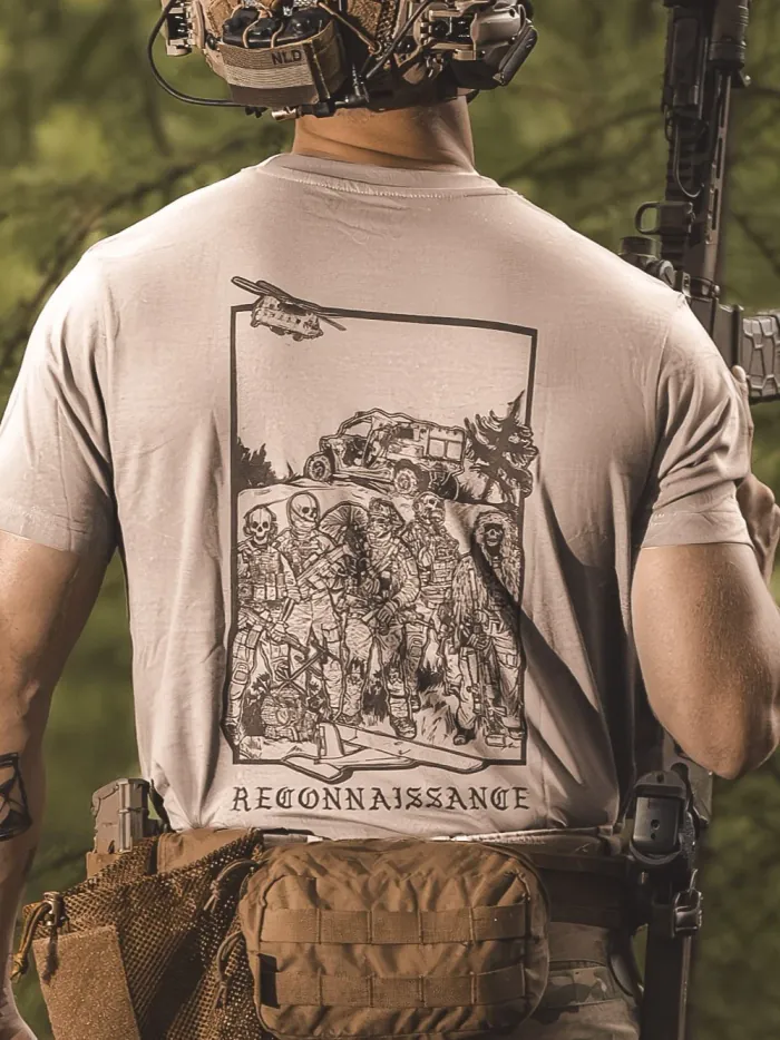 the trace apparel collection featuring a military reconnaissance group standing next to their equipment