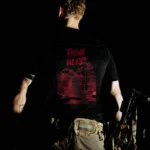 Halloween Friday the 13th T-shirt in black by The Trace, back print with a red horror poster of a masked soldier