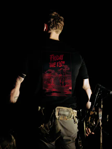 Halloween Friday the 13th T-shirt in black by The Trace, back print with a red horror poster of a masked soldier