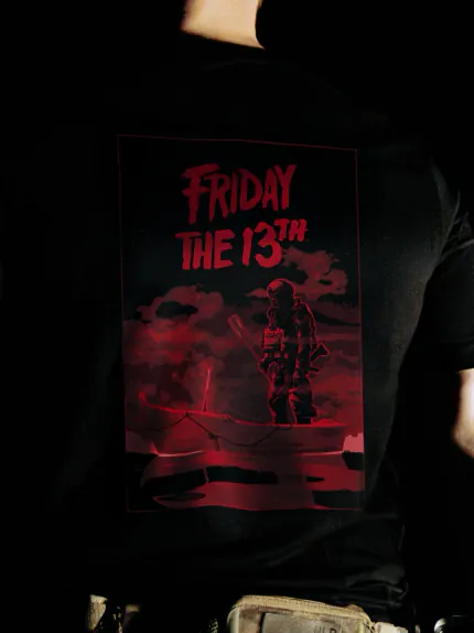 Close-up of the Friday the 13th back print on the black The Trace T-shirt