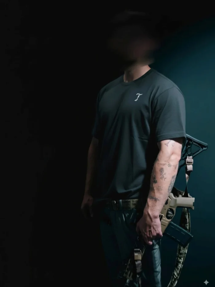 the trace mockup clothing featuring their T logo on the chest and a weapon on the hand