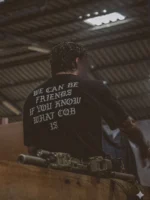 the trace oversized shirt with a text saying we can be friends if you know what cqb is