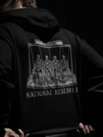National Reserves Hoodie back print seen from the side, military apparel by The Trace