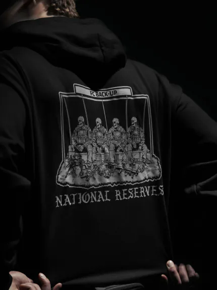 National Reserves Hoodie back print seen from the side, military apparel by The Trace