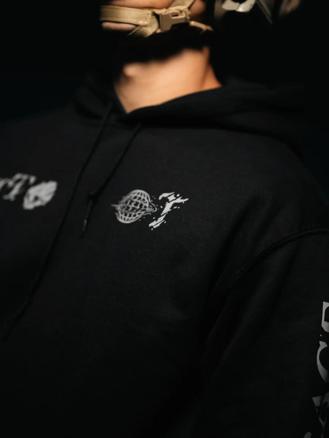 Tier 1 Grey Controlled Chaos Hoodie globe and skull chest print detail, military apparel by The Trace