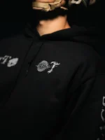Tier 1 Grey Controlled Chaos Hoodie globe and skull chest print detail, military apparel by The Trace