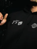 Tier 1 Grey Controlled Chaos Hoodie T1 and skull chest print detail, military apparel by The Trace