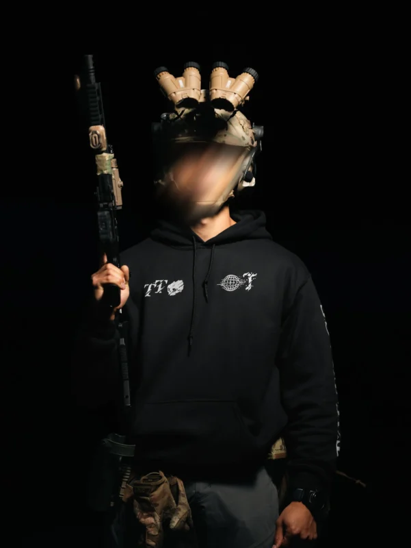 Tier 1 Grey Controlled Chaos Hoodie front, military apparel by The Trace