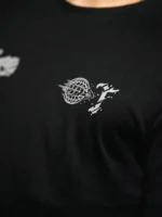 Tier 1 Grey Controlled Chaos T-shirt globe and skull chest print detail, military apparel by The Trace