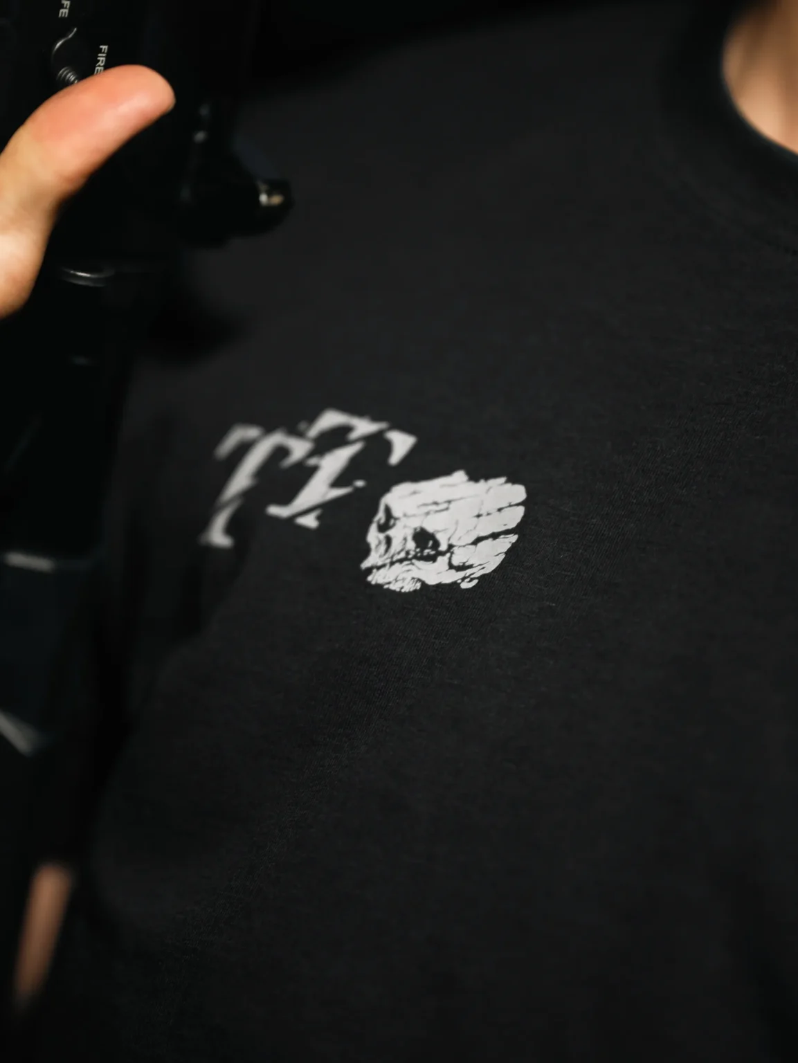 Tier 1 Grey Controlled Chaos T-shirt T1 and skull chest print detail, military apparel by The Trace