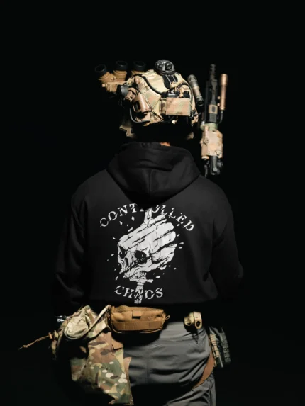 Tier 2 Grey Controlled Chaos Hoodie back print, military apparel by The Trace