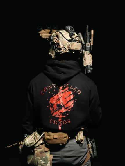 Tier 2 Red Controlled Chaos Hoodie back print, military apparel by The Trace