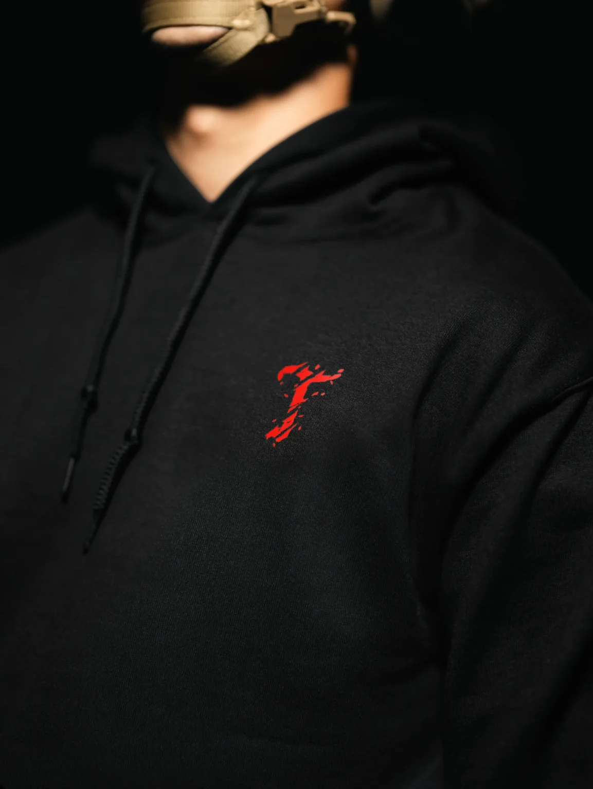 Tier 2 Red Controlled Chaos Hoodie chest print close up, military apparel by The Trace