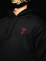 Tier 2 Red Controlled Chaos Hoodie chest print close up, military apparel by The Trace