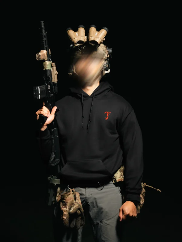 Tier 2 Red Controlled Chaos Hoodie front, military apparel by The Trace